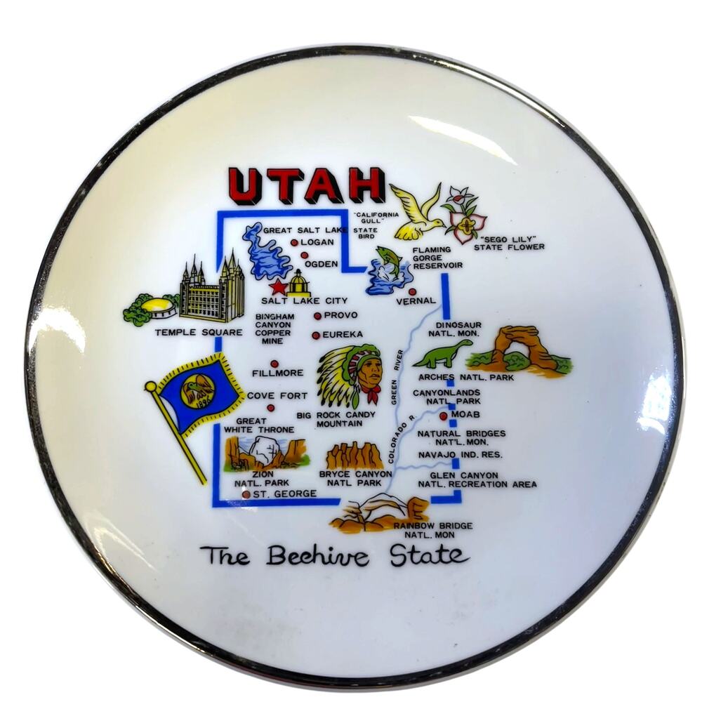 Vintage Utah State Souvenir Plate Beehive State Wall Hanging Korea